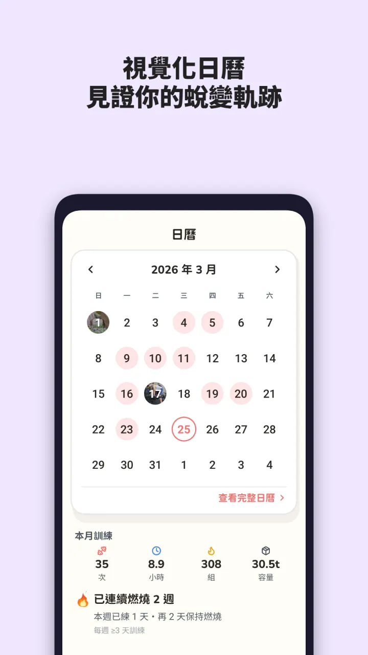 視覺化日曆與訓練統計截圖